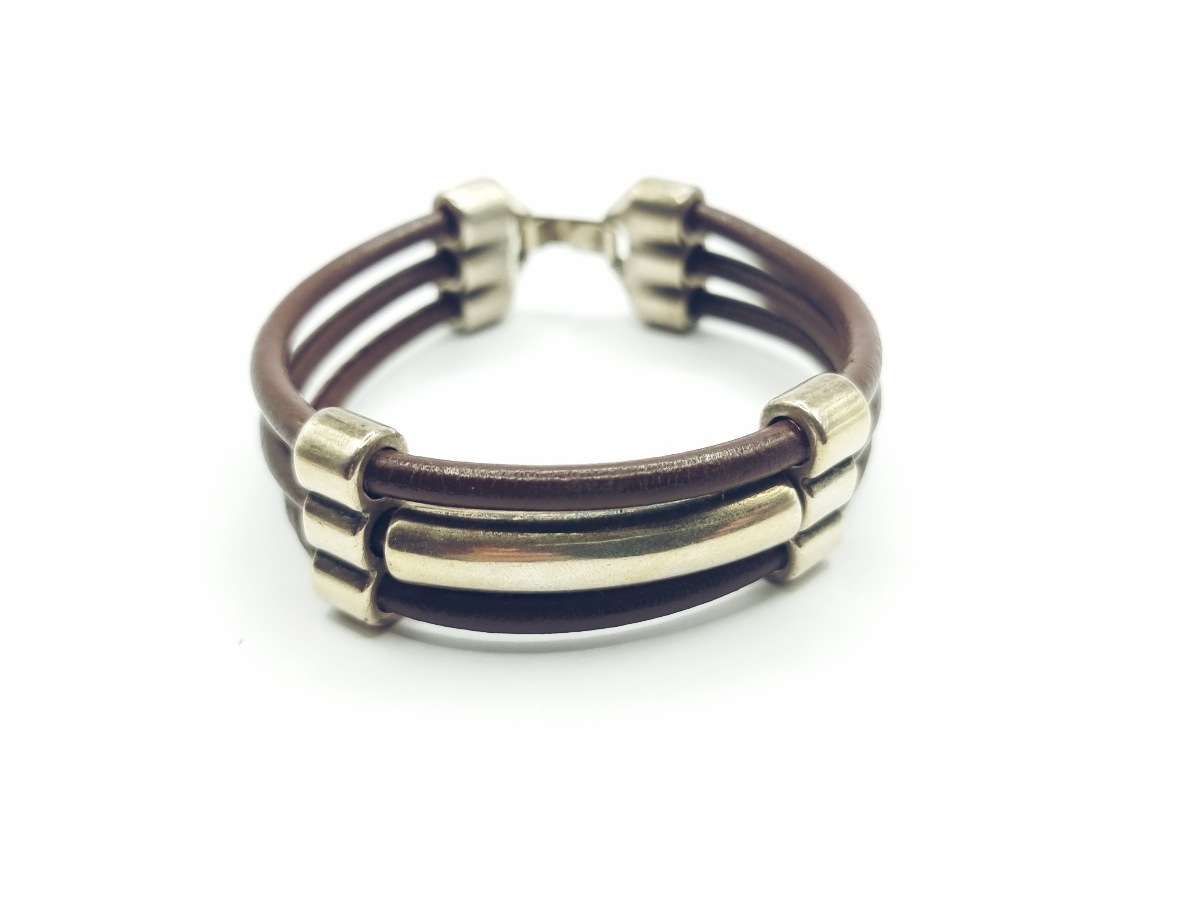 Pulsera de cuero con pasador triple y tubo - Imagen 3